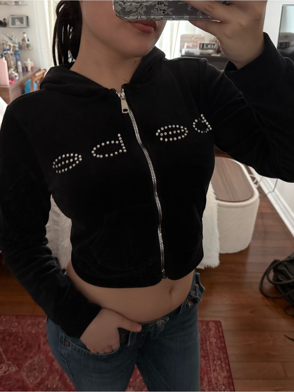 bebe Black Velour Rhinestone Logo Zip-Up Hoodie